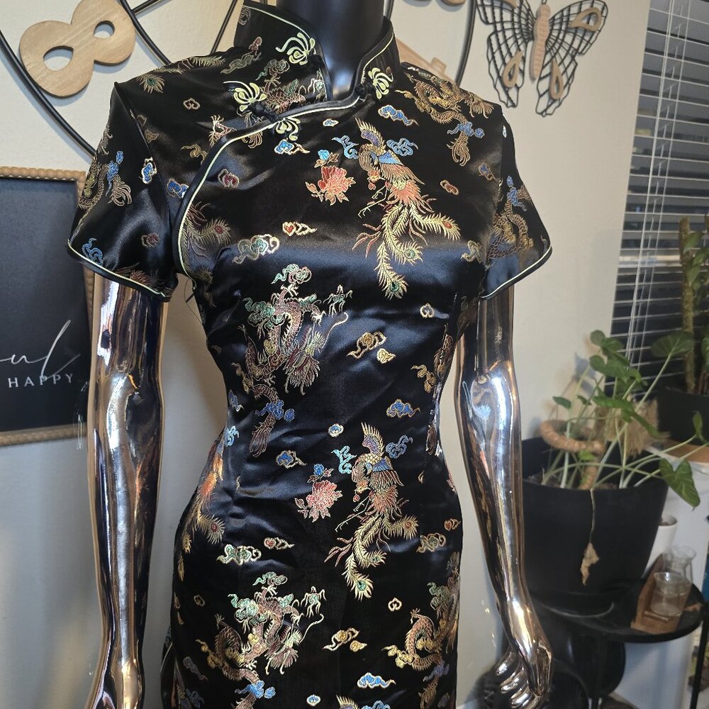 🐉 Black Cheongsam Dress (Gold Floral/Dragon) – Medium